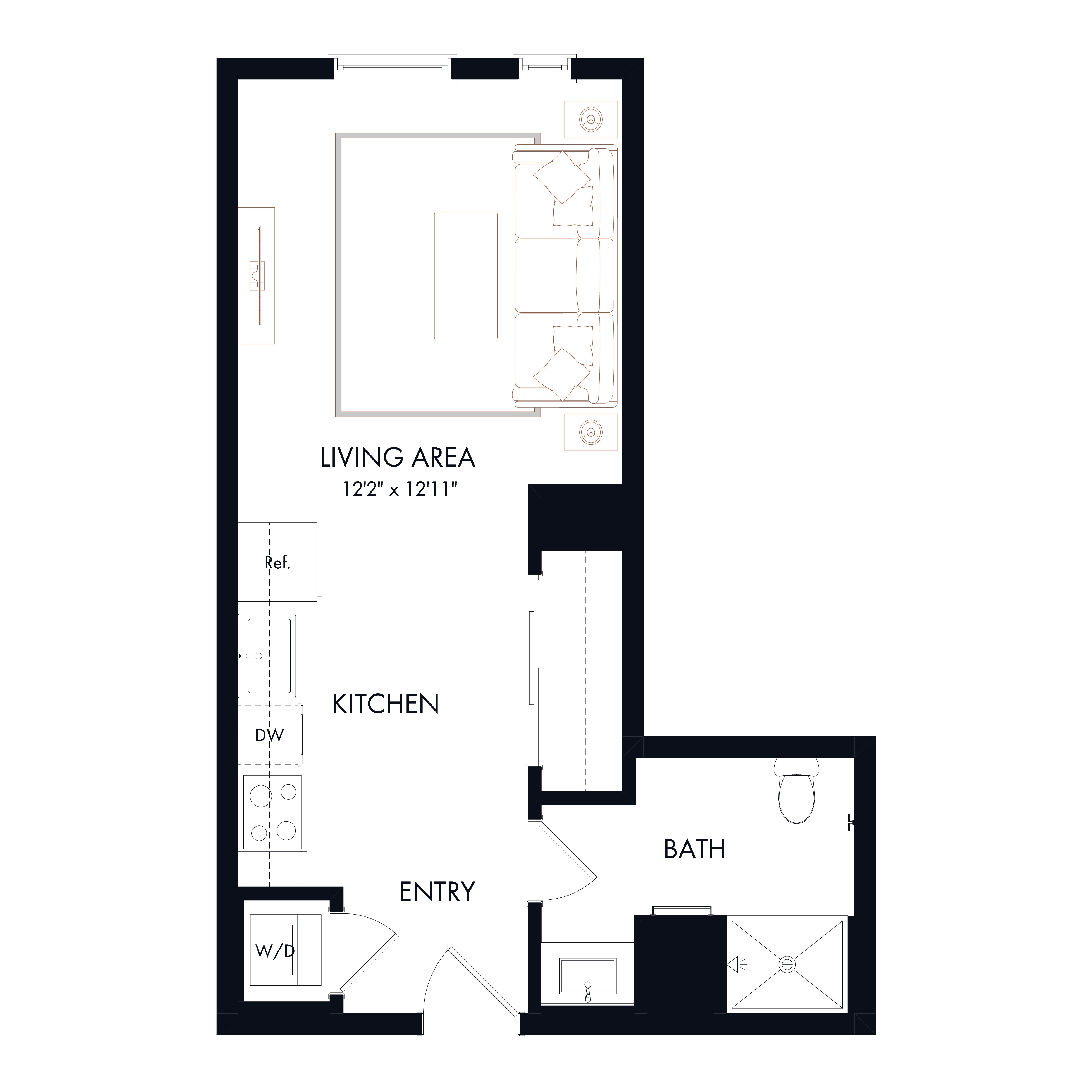 Floor plan layout diagram for S1 | Studio | 1 Bath